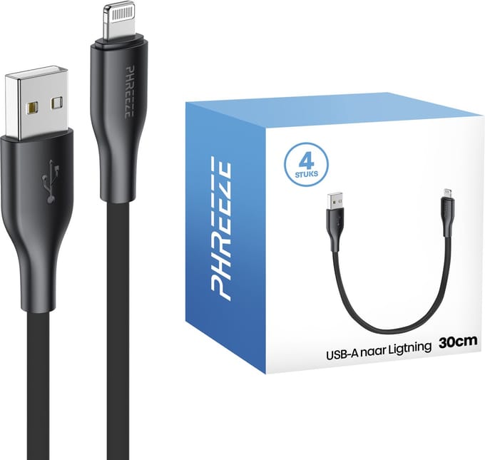 Usb naar geschikt voor Lightning kabel - Kort - 4 pack - Zwart - Phreeze
