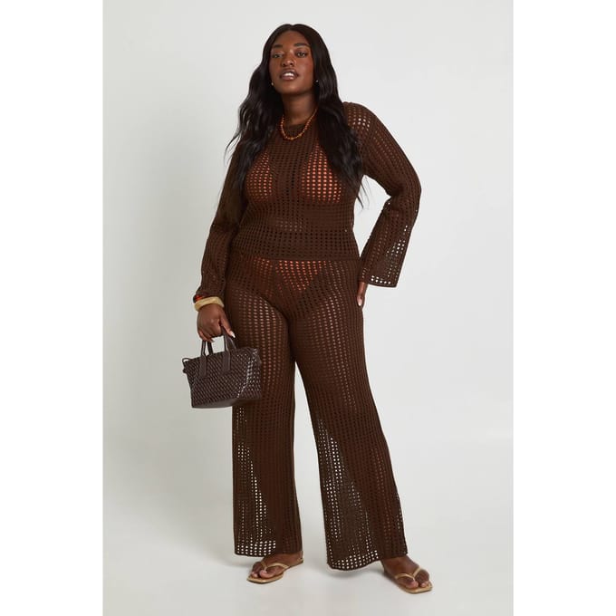boohoo Dames Plus Beach Wijde Pijp Gehaakte Broek | Chocoladebruin | Maat: 44