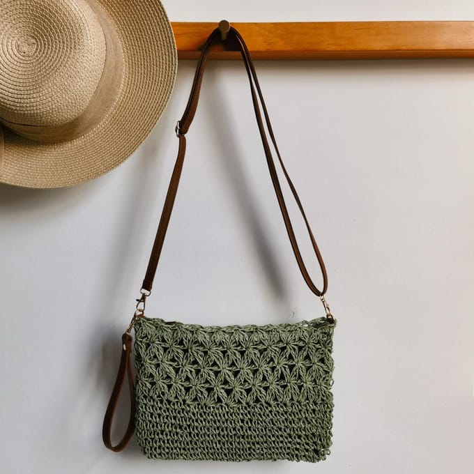 Handgemaakte Stro Geweven Holle Bloem Handige Messenger Tas groen
