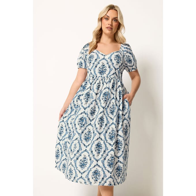 Yours Witte En Blauwe Midaxijurk Met Bloemenprint Size 44