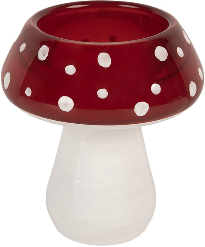Clayre & Eef Waxinelichthouder Paddenstoel Ø 7x7 cm Rood Wit Glas Herfst decoratie
