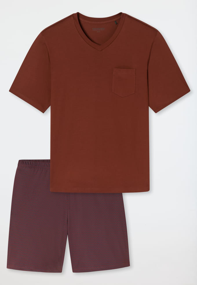 Korte pyjama met v-hals en borstzak, rood met patroon - Comfort Essentials 48