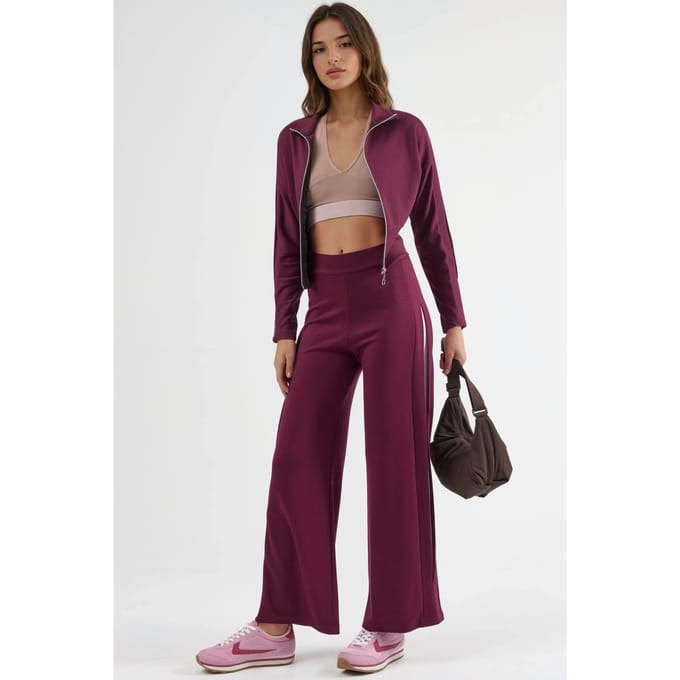 Modal Touch Hoge Taille Brede Pijp Twee-delige Set met Ritskraag