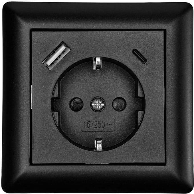 2x Geaard Stopcontact met USB-A en USB-C Oplaadpoorten (Zwart)