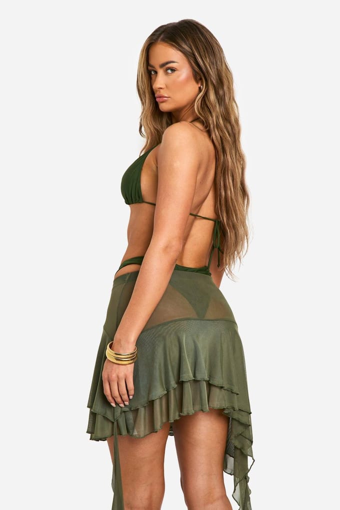 boohoo Dames Ruffle Strandrok | Khaki | Maat: Small