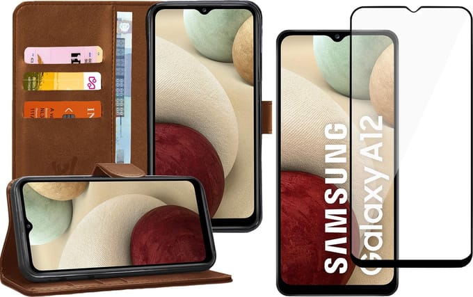 Hoesje geschikt voor Samsung Galaxy A12 - Screen Protector FullGuard - Book Case Kunstleer Pasjeshouder Bruin & Screenprotector