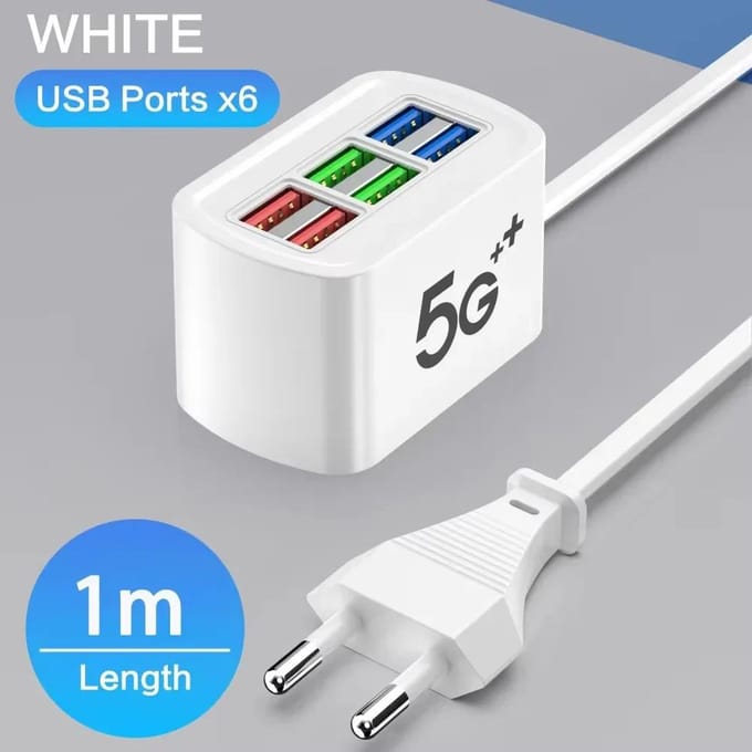 Snelle USB-oplader 6-in-1 Stekkerdoos Desktop Laadstation Snellaadkabel 1m USB HUB Adapter Stopcontact IOS Android Universeel bleke pruimkleur