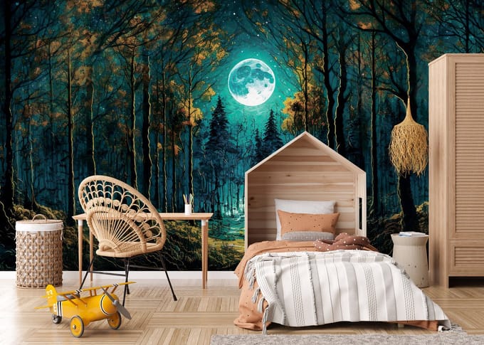 Fotobehang - Bomen - Bos - Maan - Natuur - Vliesbehang - (368 x 254 cm)