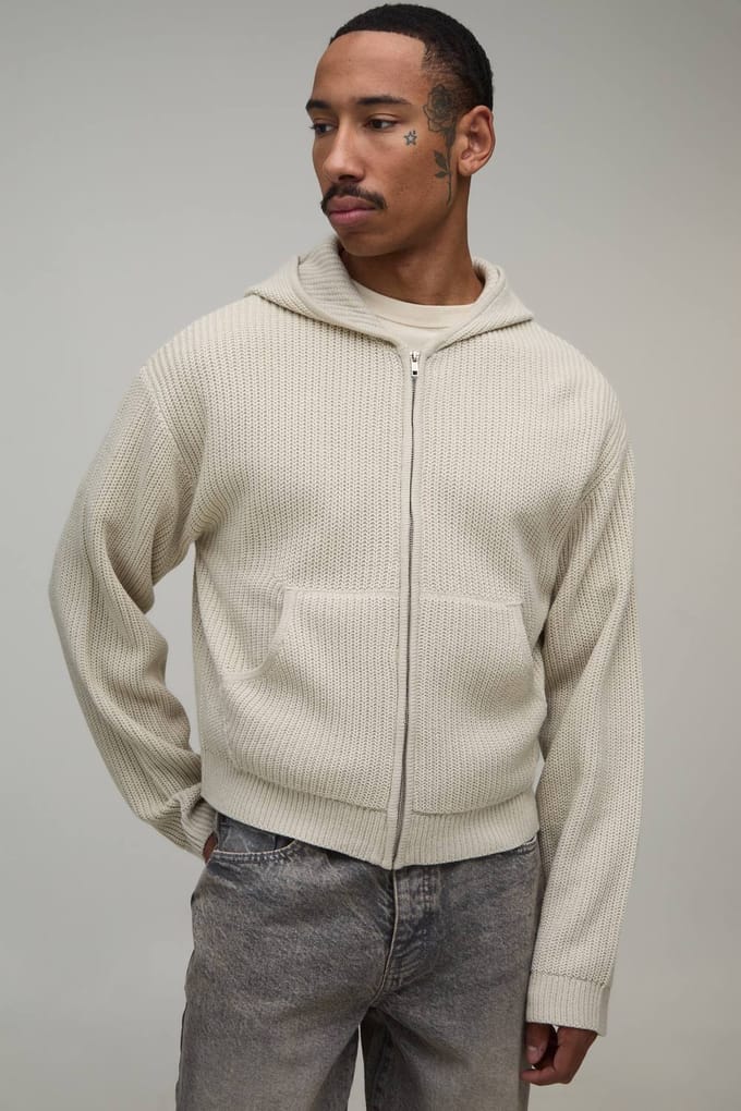 Gebreide Hoodie Met Geribbelde Boxy Pasvorm | Stone | Size Small