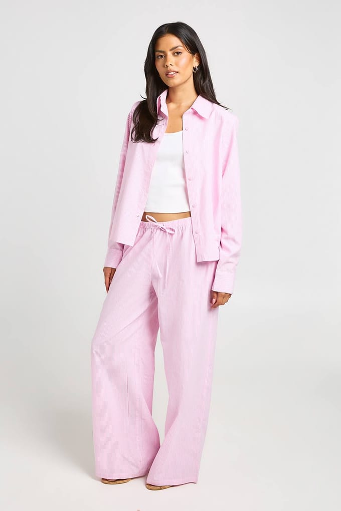 boohoo Dames Katoenen Poplin Gestreepte Wijde Broek | Roze | Maat: 38