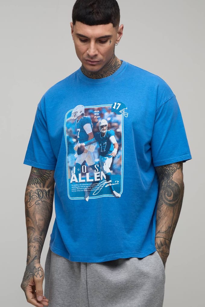 Lang Oversized Nflpa Josh Allen Licentie Gewassen Bedrukt T-shirt | Blue | Size Medium