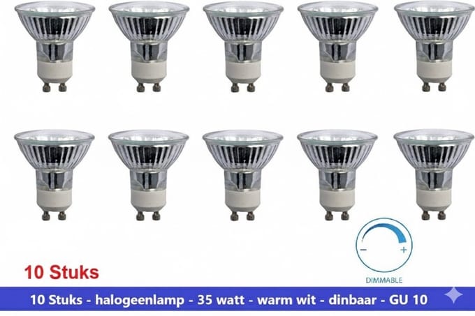 10 X HALOGEENLAMP - GU 10 - SPOT - WARM WIT - DIMBAAR - 35 WATT - 50 MM