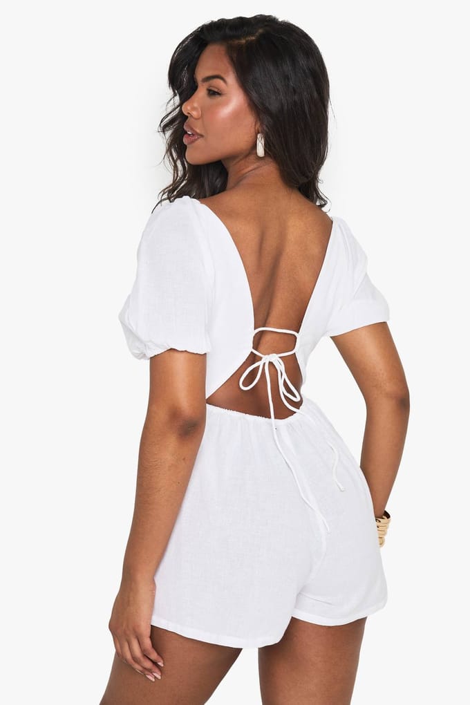 boohoo Dames Linnen Playsuit met Bindrug en Pofmouwen | Wit | Maat: 42