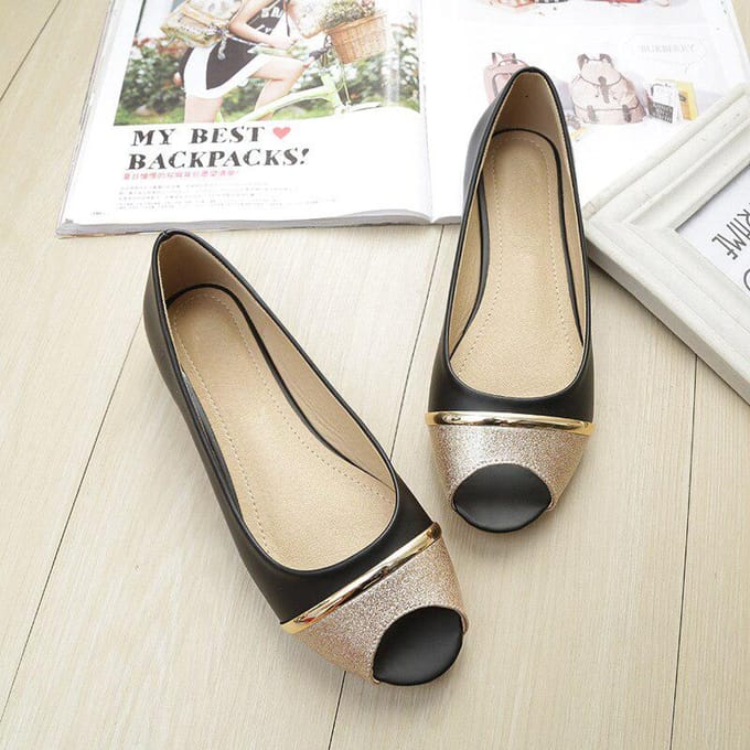 Mode Dames Flats Peep Toe Flats Comfortabele PU Leer Roze Goud Witte Schoenen Vrouw 36 zwart