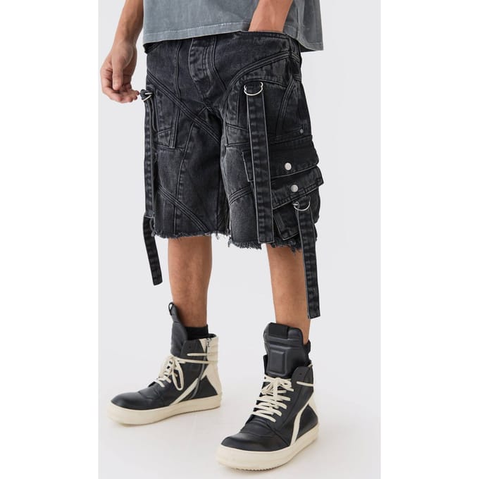 Oversized Strap And Buckle Detail Denim Jorts | Washed Black | Size 48