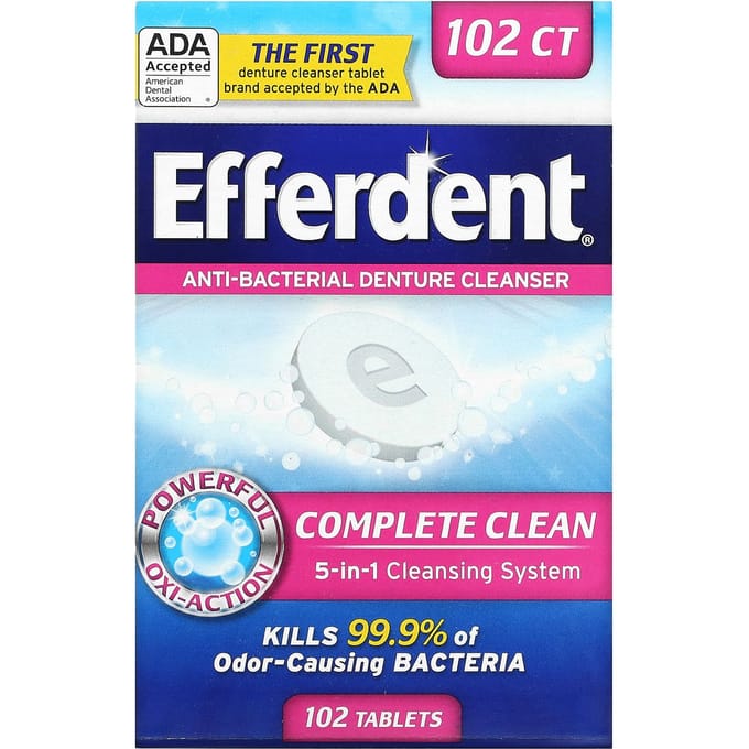 Efferdent, Nettoyant stérile pour prothèses dentaires, Complete Clean, 102 comprimés blue