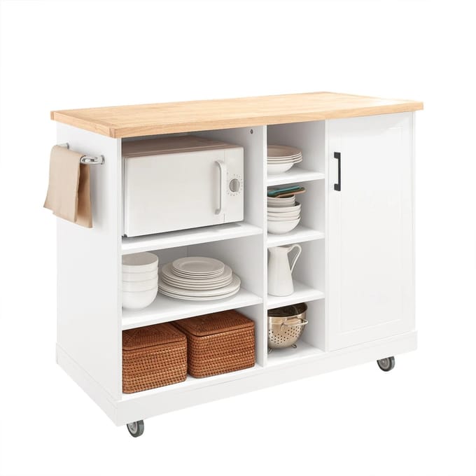 Keukeneiland - Verplaatsbaar - Keukenkast - Dressoir - Organizer - Kasten - Houten Werkblad - Wit