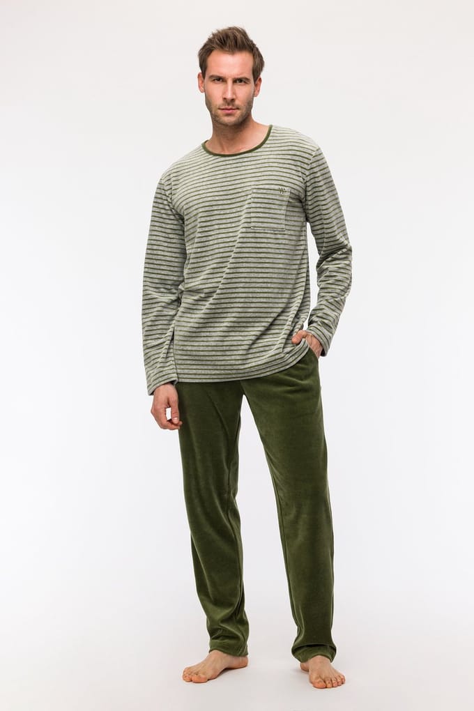 Woody - Heren Pyjama in Velours - Groen/Grijs gestreept - M