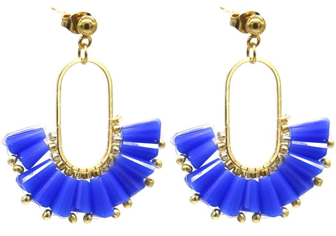 Oorbellen met Waaier - RVS - 3,5 cm - Goudkleurig en Blauw