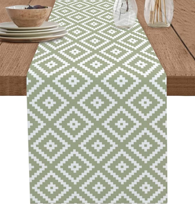 Chemin de table géométrique abstrait moderne en lin vert Décoration de fête de mariage Chemin de table pour table de salle à manger de cuisine de ferme Écharpe décorative pour commode 150x33cm beige