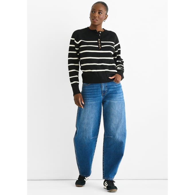 Zwarte Recycle Streep Knopen Loose Fit Gebreide Trui