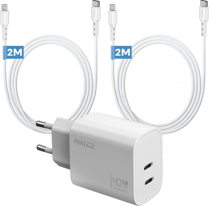 Phreeze snellader geschikt voor iPhone 14 13 12 11 X 8 7 iPad 7 8 9 - Met 2x Lightning naar usb C kabels - 2m
