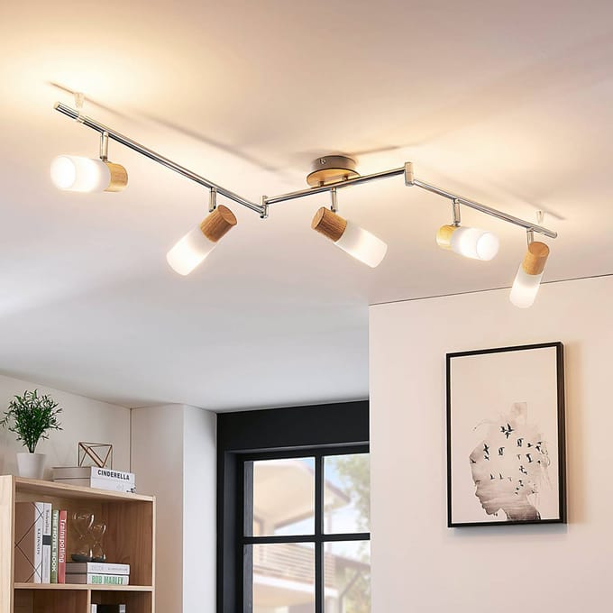 Lindby - buitenspot - 5lichts - Glas, hout, metaal - H: 21 cm - E14 - wit, licht hout, chroom