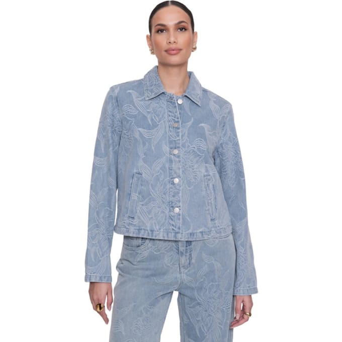 Geisha Jeans Jacket Jacquard Flower Bleached Denim Größe: L | Jeansjacken Outlet | Damen | Blau