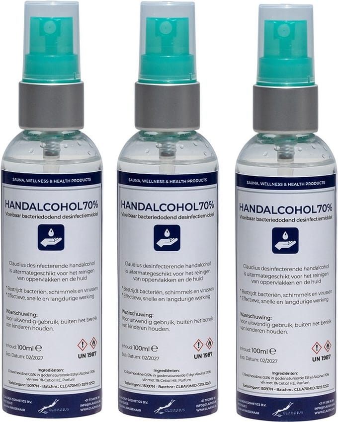 Handalcoholspray 70% - 100 ml met groene verstuiverdop - set van 3 Stuks