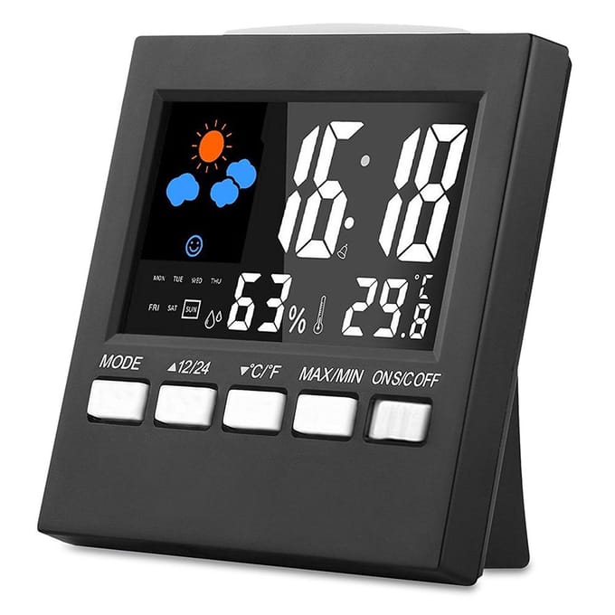 Digitale display thermometer vochtigheidsklok kleurrijke binnen- en buitentemperatuurmonitor alarm LCD black