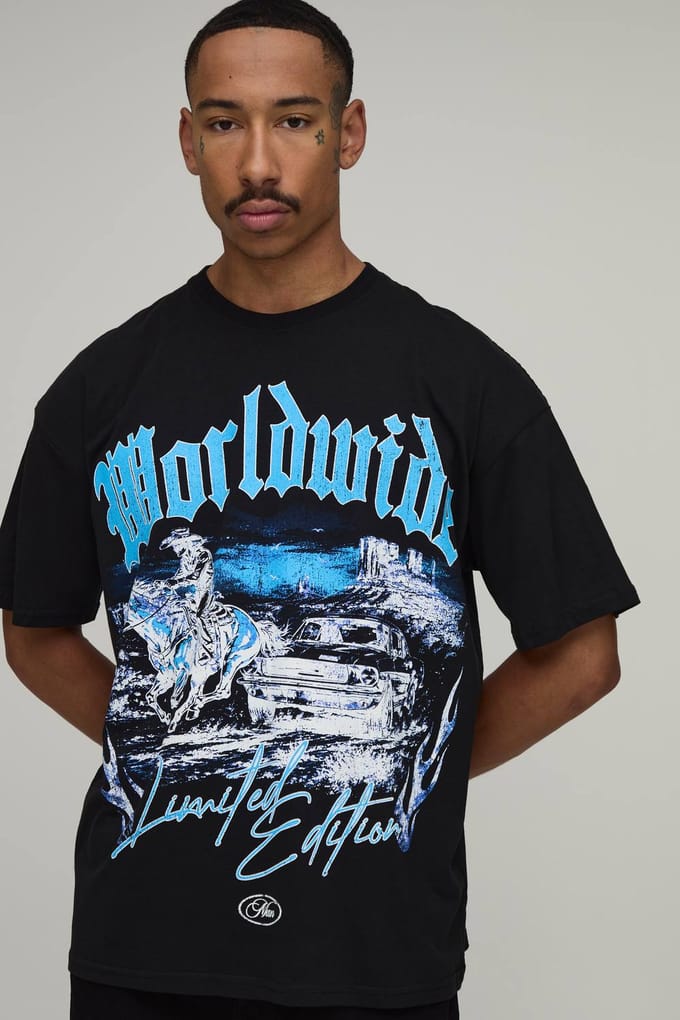 Zwart Oversized Western T-shirt Met Grootschalige Print | Black | Size Small