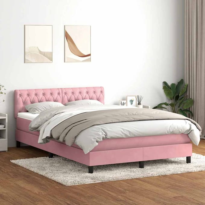 vidaXL - Boxspring - met - matras - en - LED - fluweel - roze - 140x210 - cm