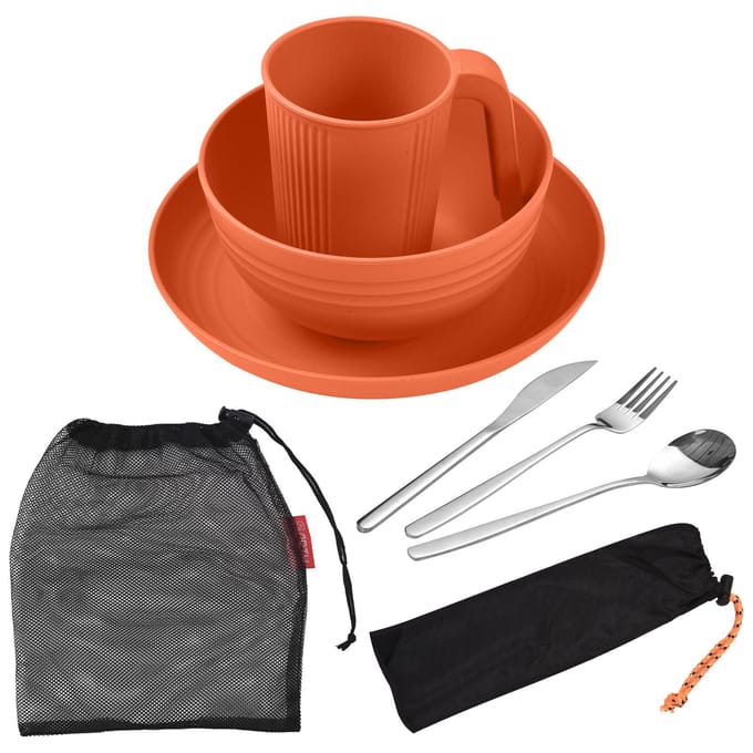 Camping Servies Set voor 1 Draagbare Tarwestro Mess Kit met Kom Bord Beker Vork Mes Lepel oranje