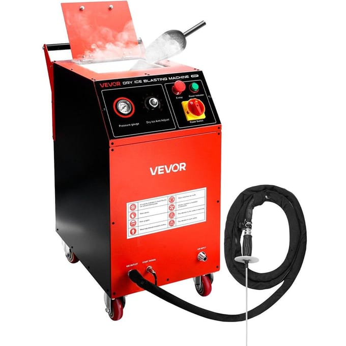 Droogijsstraler, 16,5 lbs (7,5 KG) Capaciteit Droogijsreinigingsmachine met 4 Spuitmonden, Instelbare Druk & Hoeveelheid Droogijs, Verrijdbare Blaster