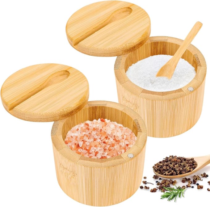 Solidchoice - 2 Stuks Bamboe Zoutpotten met Magnetisch Deksel en Lepel