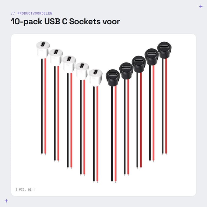 Dailygoods - 10-pack USB C Sockets voor Solderen, 2 Draad, 150 mm, Zwart/Wit