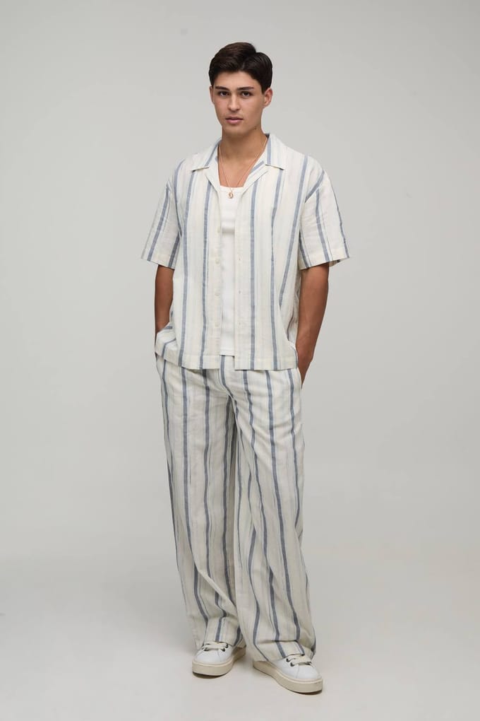 Lichtgewicht Geweven Gazen Gestreept Oversized Shirt & Baggy Broek Set | Navy | Size Medium