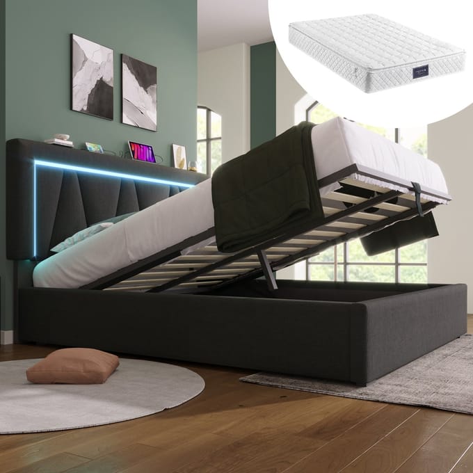 REDOM Bedframe 140x200 cm – Linnen grijs – Met LED, USB-C & verstelbaar hoofdbord – Hydraulisch