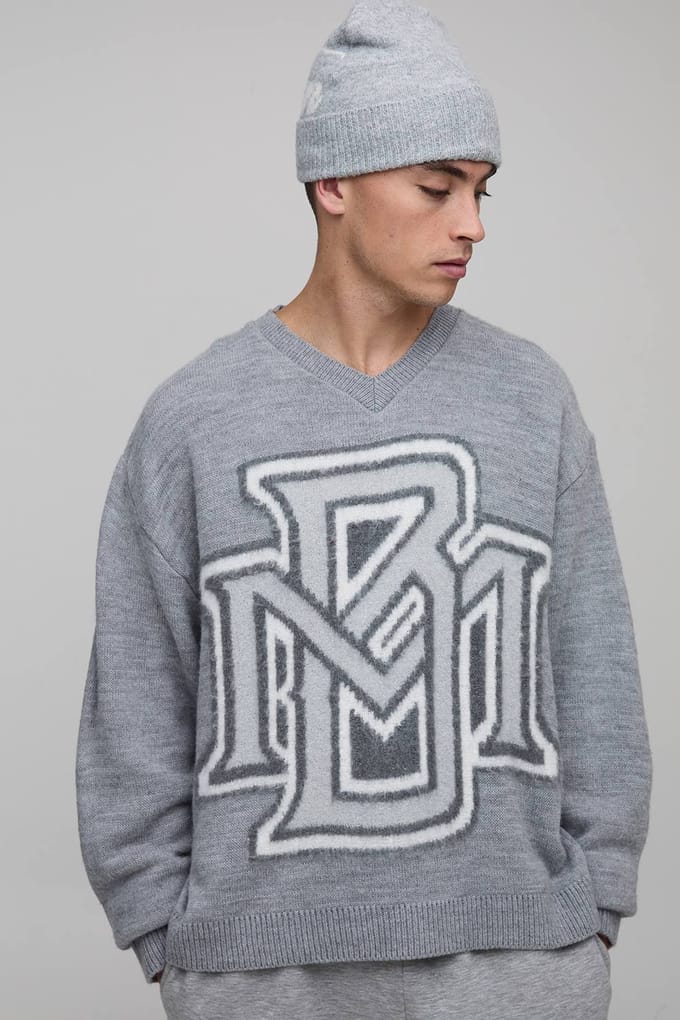 Oversized Boxy Geborstelde Boucle Varsity Gebreide Trui | Grey | Size Medium