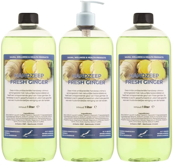 Handzeep Fresh Ginger 1 liter - set van 3 stuks - met gratis pomp - Voordeelverpakking