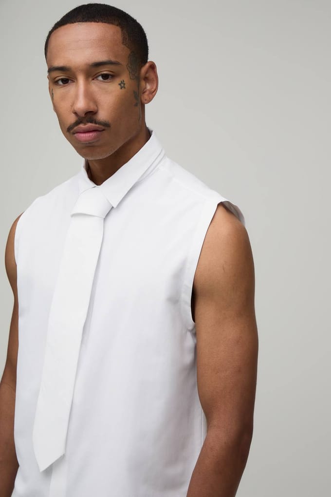 Regular Fit Mouwloos Overhemd Met Stropdas | White | Size Medium