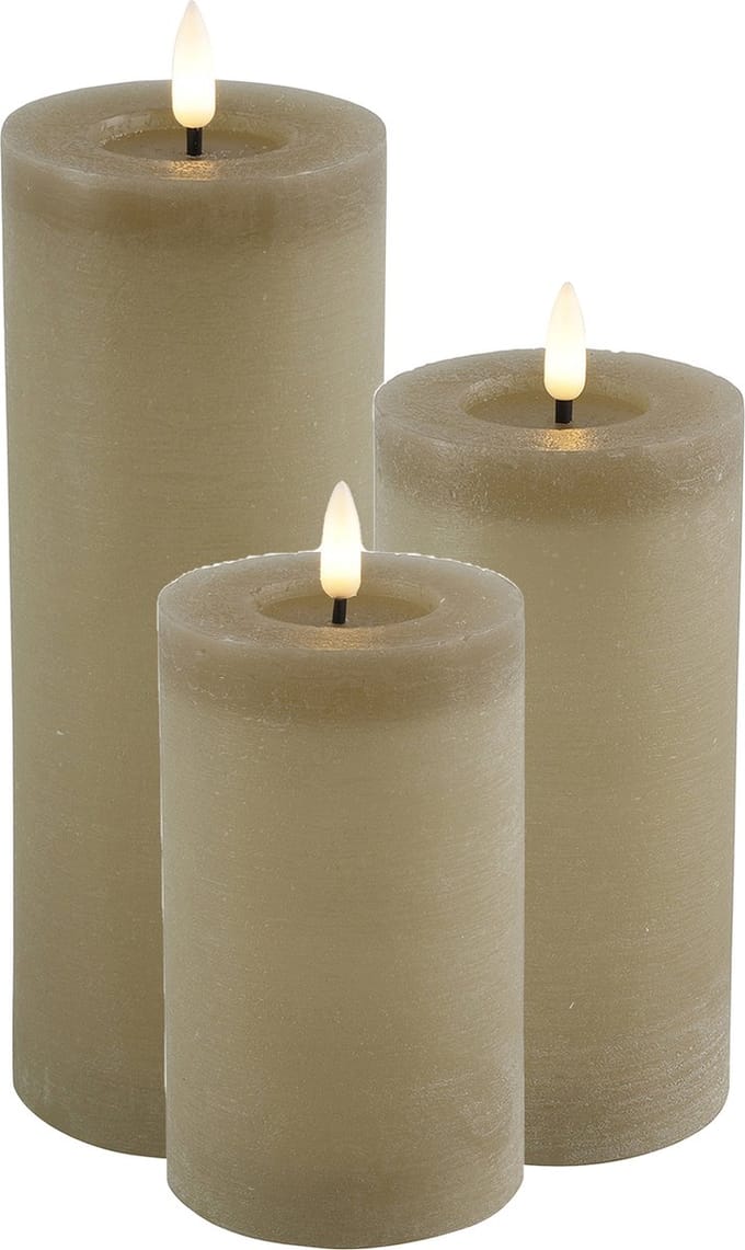 LED kaarsen/stompkaarsen - set 3x - beige - H12,5, H15 en H20 cm - warm wit