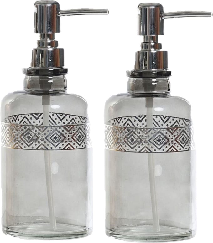 Items Zeeppompje/zeepdispenser - 2x - grijs - transparant - glas - 400 ml - navulbaar - keuken/badkamer
