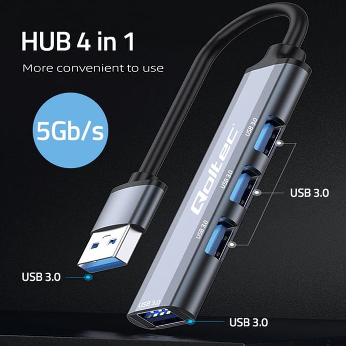 Qoltec Hub Adapter 4-In-1 Usb 3.0 Voor Pc, Laptop, Mac, 4X Usb 3.0, Snel En Handig