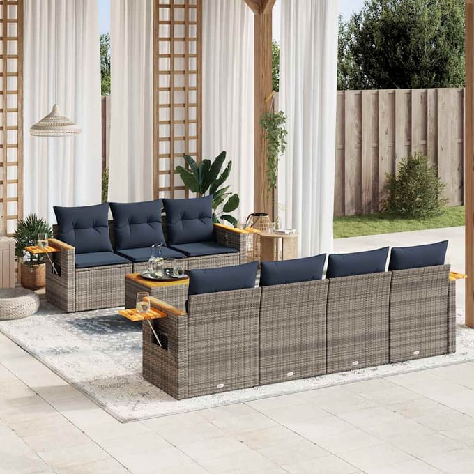 vidaXL - 8-delige - Loungeset - met - kussens - poly - rattan - grijs