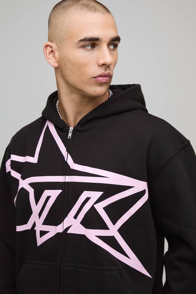 Oversized Boxy Hoodie met sterrenprint en ritssluiting | Black | Size Medium
