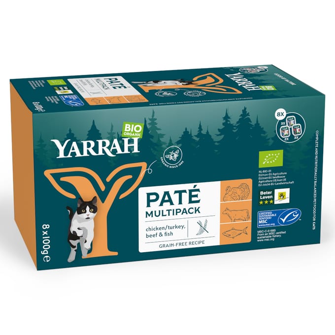 Yarrah Bio Kattenvoer Multipack Paté Graanvrij Kip - Rund 8 x 100 gr NL-BIO-01