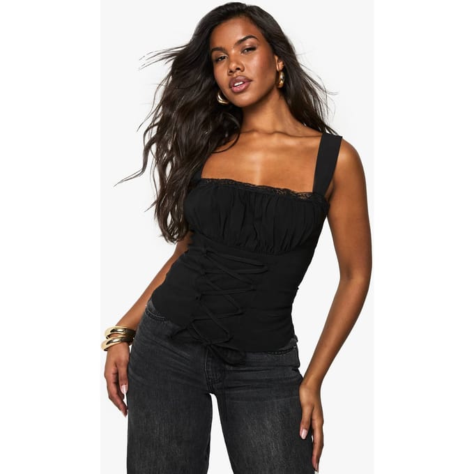 boohoo Dames Bengaline Korset met veterdetails | Black | Maat: 8