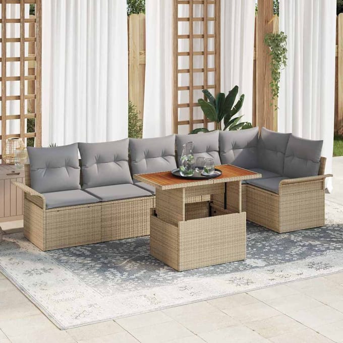 vidaXL - Tuinbank - Set - 7 - st - Beige - en - Lichtgrijs - poly - rattan