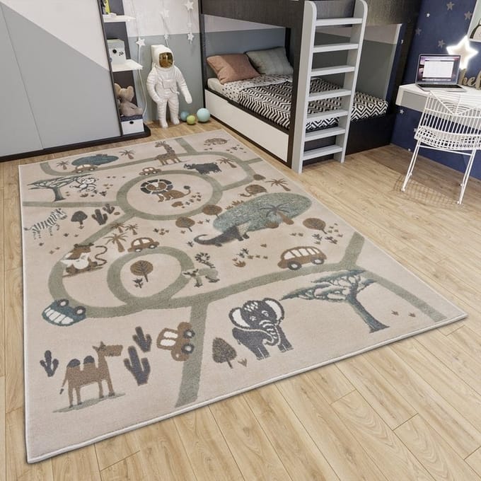 Flycarpets Adventures Kinderkleed vloerkleed - Dierentuin Crème Bruin Grijs - 120x170 cm